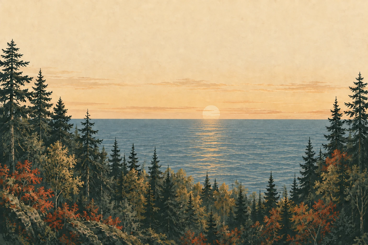 An expansive blue lake meeting the sky at an open horizon, framed by hemlock and hardwood forest in the style of a weathered art print.